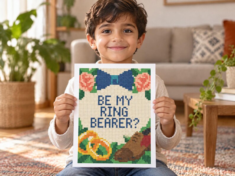 May include: A rectangular cross-stitch pattern on white fabric featuring the text BE MY RING BEARER? in dark blue. The design includes a blue bow tie at the top, two gold rings on the bottom left, and a brown shoe on the bottom right with roses.