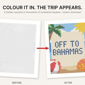 May include: A digital coloring activity featuring a grid of numbered squares. The before image is a blank grid, while the after image reveals a beach scene with the text OFF TO BAHAMAS, a palm tree, a beach ball, and a sun in blue, green, and yellow.