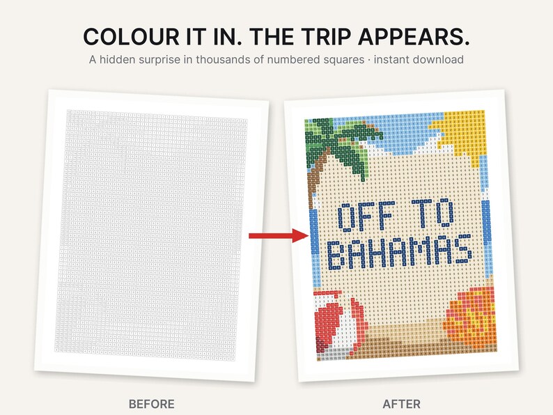 May include: A digital coloring activity featuring a grid of numbered squares. The before image is a blank grid, while the after image reveals a beach scene with the text OFF TO BAHAMAS, a palm tree, a beach ball, and a sun in blue, green, and yellow.