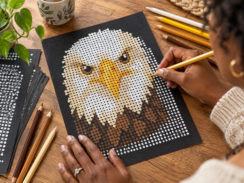 May include: A black paper sheet featuring a dot-to-dot or grid-based illustration of a bald eagle head with a yellow beak, white head feathers, and brown neck feathers, being colored with a yellow pencil on a wooden surface.