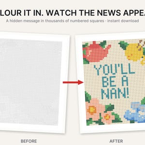 May include: A color-by-number activity sheet featuring the text COLOUR IT IN. WATCH THE NEWS APPEAR. The left side shows a grid of numbered squares, while the right side shows the completed image with the text YOU'LL BE A NAN! and floral motifs.