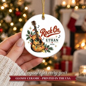 Guitar Ornament Christmas 2026, Guitar Player Gift for Musician, Rock On Custom Name Keepsake, Acoustic Lights Music Lover Ceramic Decor image 12