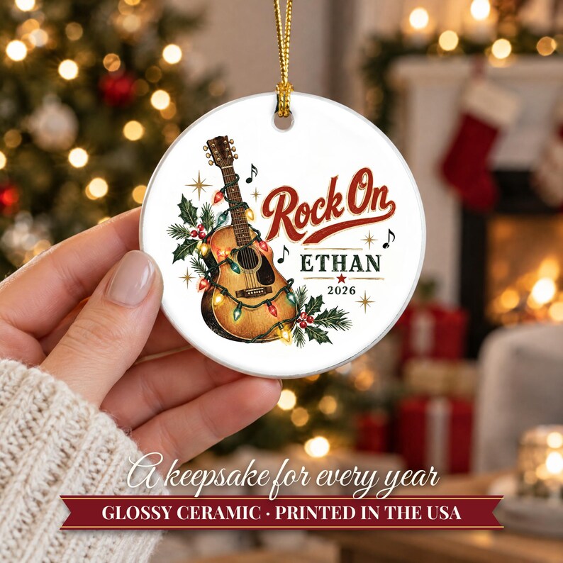 Guitar Ornament Christmas 2026, Guitar Player Gift for Musician, Rock On Custom Name Keepsake, Acoustic Lights Music Lover Ceramic Decor image 12