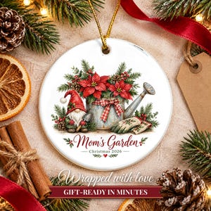 Gardener Gift Christmas Ornament 2026, Mom's Garden Custom Name Keepsake, Watering Can Poinsettia Gnome Ceramic Decor for Plant Lover image 10
