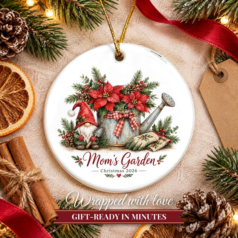 Gardener Gift Christmas Ornament 2026, Mom's Garden Custom Name Keepsake, Watering Can Poinsettia Gnome Ceramic Decor for Plant Lover image 10