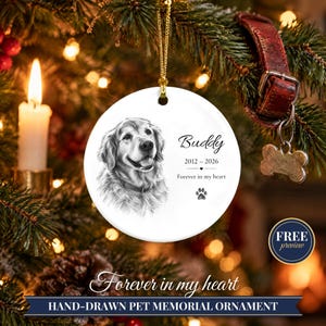 Personalized Pet Memorial Ornament from Photo, Custom Dog Portrait Sketch, Dog Memorial Gift, Pet Loss Gift, Dog Sympathy Keepsake image 1