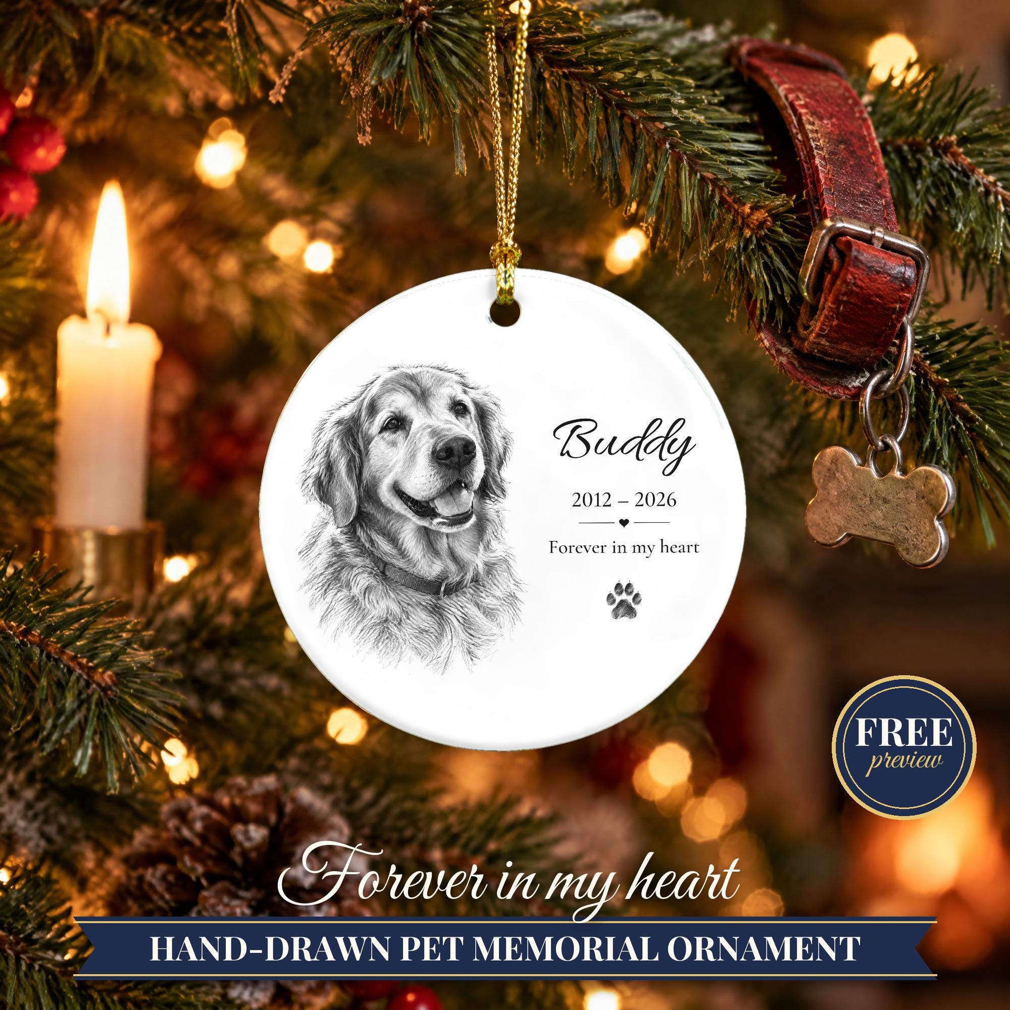 Personalized Pet Memorial Ornament from Photo, Custom Dog Portrait Sketch, Dog Memorial Gift, Pet Loss Gift, Dog Sympathy Keepsake