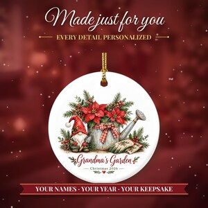 Gardener Gift Christmas Ornament 2026, Mom's Garden Custom Name Keepsake, Watering Can Poinsettia Gnome Ceramic Decor for Plant Lover image 2