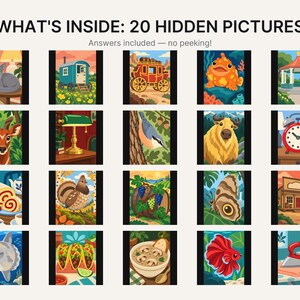 May include: A grid of 20 colorful illustrations titled WHAT'S INSIDE: 20 HIDDEN PICTURES. The images feature various subjects including a cat, a wagon, a carriage, a fish, a gazebo, a deer, a lamp, a bird, a bison, a clock, a cake, a bird, grapes, a butterfly, a building, a sunfish, tacos, soup, a betta fish, and an iron.