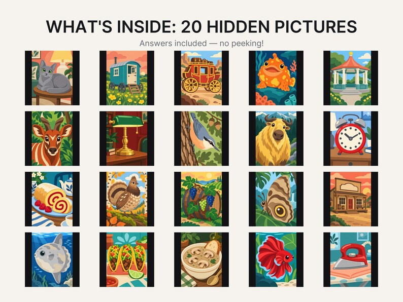 May include: A grid of 20 colorful illustrations titled WHAT'S INSIDE: 20 HIDDEN PICTURES. The images feature various subjects including a cat, a wagon, a carriage, a fish, a gazebo, a deer, a lamp, a bird, a bison, a clock, a cake, a bird, grapes, a butterfly, a building, a sunfish, tacos, soup, a betta fish, and an iron.
