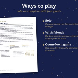 May include: A white instructional document titled Ways to play with dark blue text on a dark blue background featuring gold stars. The page outlines game rules, including steps for solo play, playing with friends, and a countdown game format.