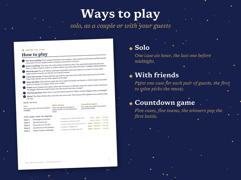 May include: A white instructional document titled Ways to play with dark blue text on a dark blue background featuring gold stars. The page outlines game rules, including steps for solo play, playing with friends, and a countdown game format.