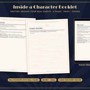 May include: A character booklet set featuring two printed pages and a digital phone version. The pages display text including 'Inside a Character Booklet', 'Who you are', and 'Round 2 - The Ledger'. The design uses cream paper with black text and gold accents on a dark blue background.