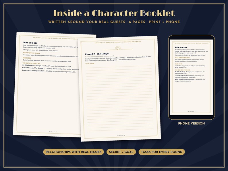 May include: A character booklet set featuring two printed pages and a digital phone version. The pages display text including 'Inside a Character Booklet', 'Who you are', and 'Round 2 - The Ledger'. The design uses cream paper with black text and gold accents on a dark blue background.