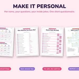 May include: A set of four printable bachelorette party game sheets on a light pink background. The sheets include Mia's Bachelorette Bingo, How Well Do You Know Mia?, Daniel Said, Mia Said, and a Mia's Last Fling crossword puzzle with answer keys.