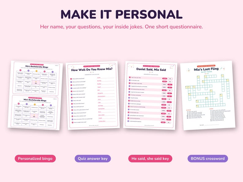May include: A set of four printable bachelorette party game sheets on a light pink background. The sheets include Mia's Bachelorette Bingo, How Well Do You Know Mia?, Daniel Said, Mia Said, and a Mia's Last Fling crossword puzzle with answer keys.