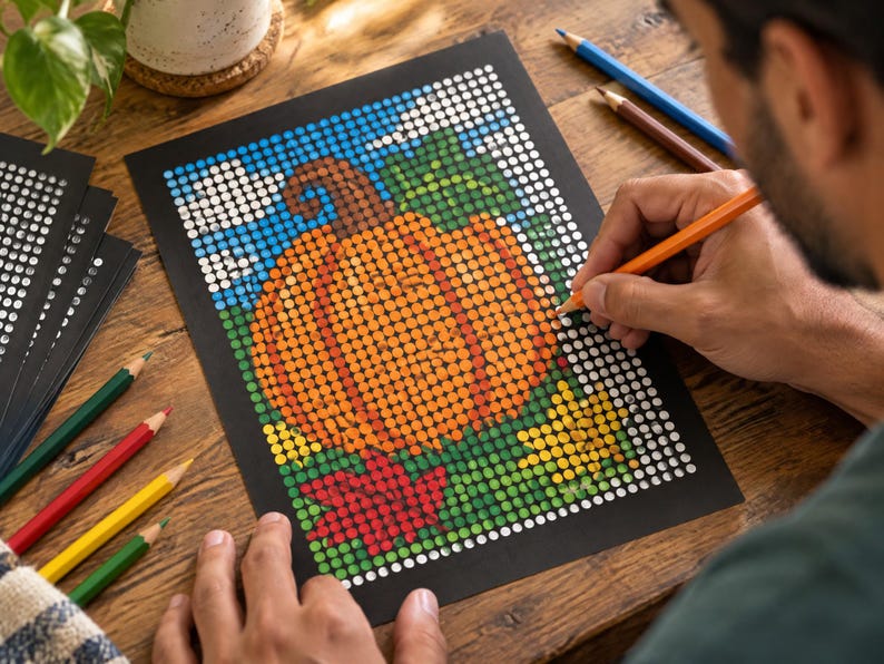 May include: A dot-to-dot coloring page on black paper featuring a large orange pumpkin, green leaves, and a red maple leaf. The design is composed of a grid of white circles waiting to be filled with color, with a pencil currently coloring a circle.