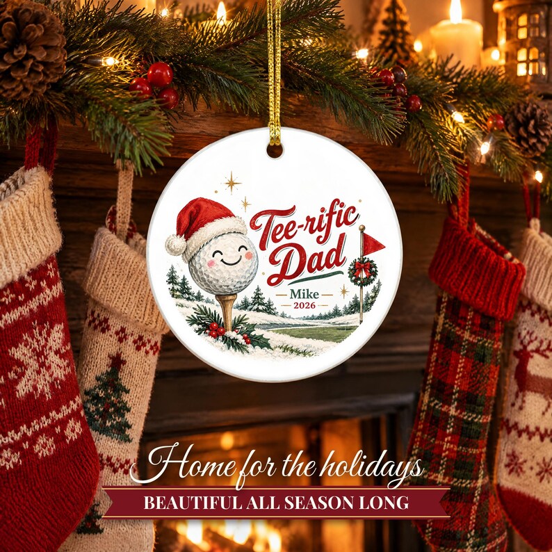 Adorno navideño de golf 2026, regalo para papá amante del golf, recuerdo personalizado con nombre de golfista excepcional, decoración de árbol de cerámica con gorro de Papá Noel y pelota sobre un tee. imagen 8