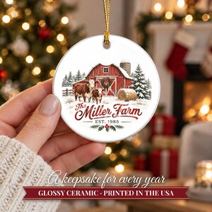 Farm Ornament Christmas 2026, Red Barn Family Name Est Keepsake, Farmhouse Cows Hay Bale Country Decor, Farmer Gift Ceramic Ornament image 12