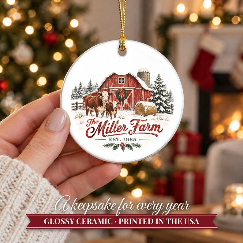 Farm Ornament Christmas 2026, Red Barn Family Name Est Keepsake, Farmhouse Cows Hay Bale Country Decor, Farmer Gift Ceramic Ornament image 12