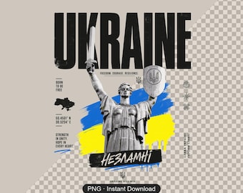 May include: A graphic design featuring the word UKRAINE in large black letters, a statue holding a sword and shield, and blue and yellow brush strokes. Text includes BORN TO BE FREE, STRENGTH IN UNITY, HOPE IN EVERY HEART, and NEZLAMNI.