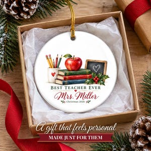 Teacher Ornament 2026, Best Teacher Ever Christmas Keepsake with Name, Apple and Books, Appreciation Gift from Student image 6