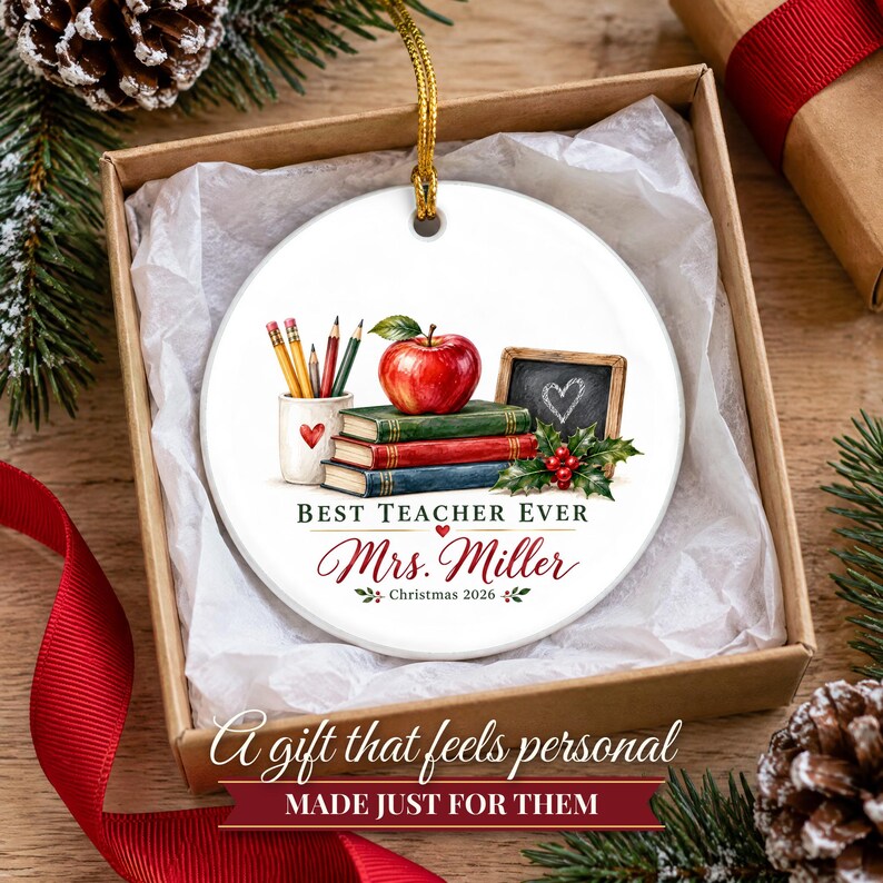 Teacher Ornament 2026, Best Teacher Ever Christmas Keepsake with Name, Apple and Books, Appreciation Gift from Student image 6