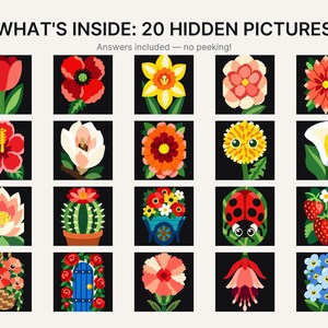 May include: A grid of 20 square icons featuring colorful illustrations of flowers, plants, a ladybug, and a blue door. The text at the top reads WHAT'S INSIDE: 20 HIDDEN PICTURES and Answers included &mdash; no peeking! The icons are set against black backgrounds.