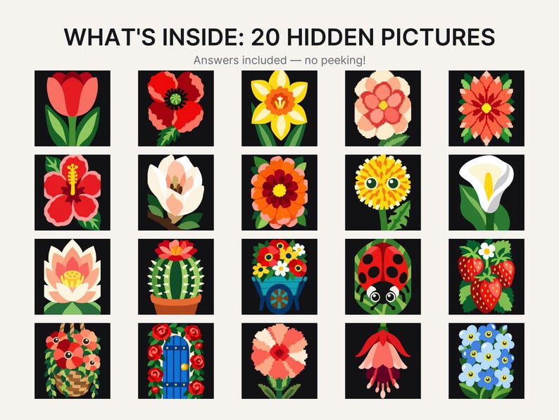 May include: A grid of 20 square icons featuring colorful illustrations of flowers, plants, a ladybug, and a blue door. The text at the top reads WHAT'S INSIDE: 20 HIDDEN PICTURES and Answers included &mdash; no peeking! The icons are set against black backgrounds.