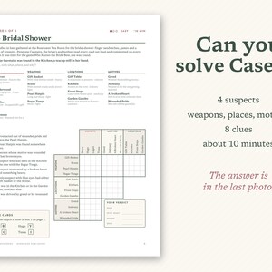 May include: A printed mystery game sheet titled Case 1 of 5 The Bridal Shower, featuring a list of suspects, weapons, locations, motives, and clues. A logic grid is included for solving the mystery, with text asking Can you solve Case 1?