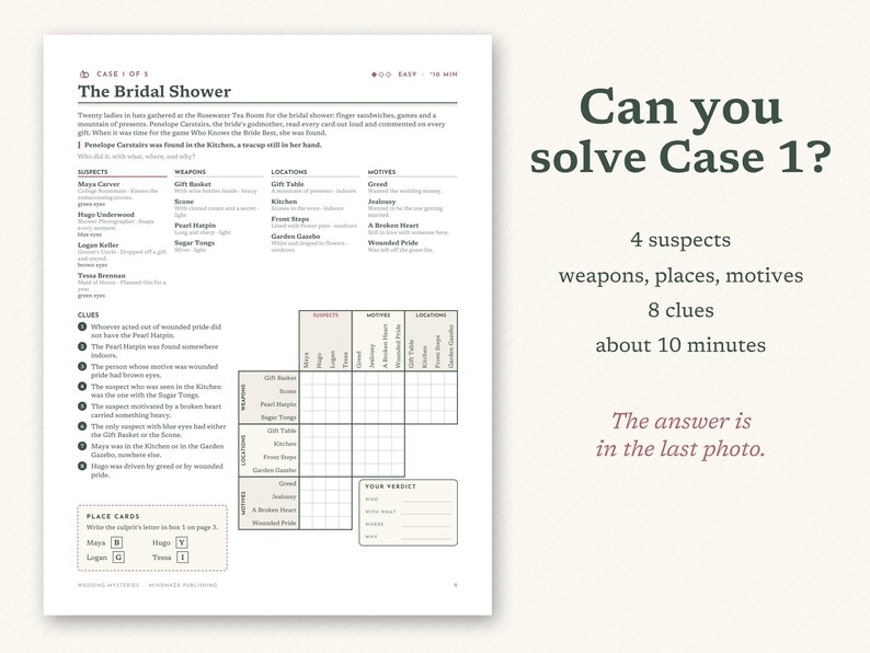 May include: A printed mystery game sheet titled Case 1 of 5 The Bridal Shower, featuring a list of suspects, weapons, locations, motives, and clues. A logic grid is included for solving the mystery, with text asking Can you solve Case 1?