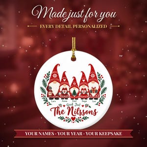 Gnome Family Ornament Christmas 2026, Scandinavian Tomte Family of Five Names Keepsake, Nordic Gnomes Custom Gift, Ceramic Tree Decor image 2