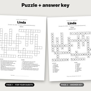 May include: Two white sheets of paper featuring a personalized retirement crossword puzzle for Linda. The left sheet contains the puzzle grid and clues, while the right sheet displays the completed answer key with words like Field Trip and Gardening.