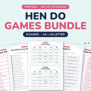 May include: A digital bundle of eight printable party games for a hen do, featuring titles like Hen Do Bingo, He Said She Said, and Would She Rather. The documents are formatted for A4 and US Letter paper, using a color palette of pink and dark blue.