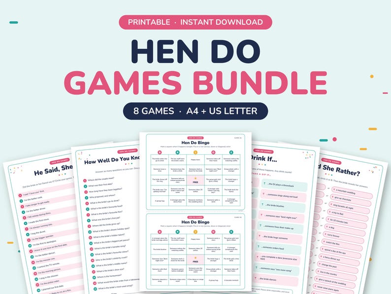 May include: A digital bundle of eight printable party games for a hen do, featuring titles like Hen Do Bingo, He Said She Said, and Would She Rather. The documents are formatted for A4 and US Letter paper, using a color palette of pink and dark blue.