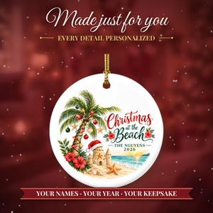 Beach Christmas Ornament 2026, Coastal Family Vacation Keepsake, Holidays at the Beach Custom Name Decor, Palm Tree Starfish Ceramic Gift 画像 2
