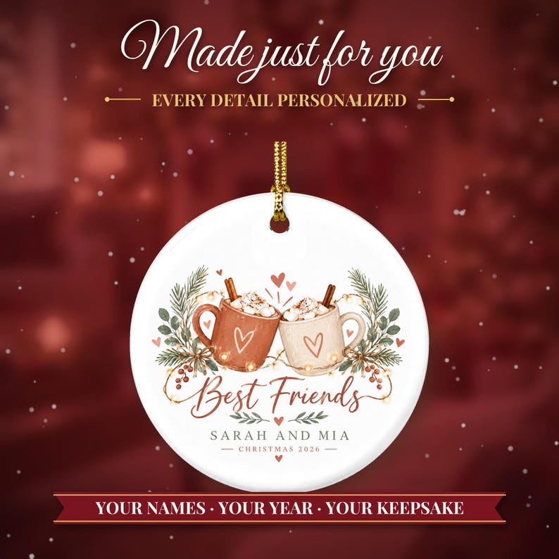 Best Friend Ornament Christmas 2026, Friendship Gift for Her, Besties Two Names Keepsake, Hot Cocoa Mugs Soul Sister Ceramic Tree Decor image 2