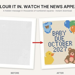 May include: A color-by-number activity sheet featuring the text COLOUR IT IN. WATCH THE NEWS APPEAR. The before image shows a grid of numbered squares, while the after image reveals the text BABY DUE OCTOBER 2027 with illustrations of a baby onesie, balloons, a yellow duck, and a teddy bear.
