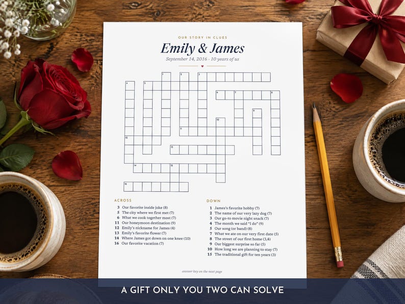 May include: A white paper crossword puzzle titled Our Story in Clues with the names Emily & James and the date September 14, 2016. The puzzle includes numbered across and down clues related to personal history and a small heart icon at the top.