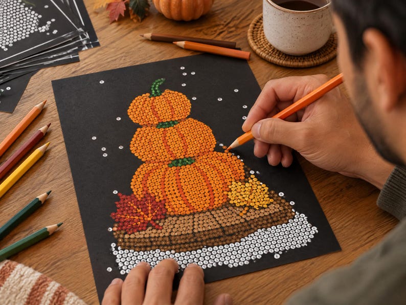 May include: A diamond painting kit on black paper featuring a stack of three orange pumpkins, a red maple leaf, and a yellow leaf on a brown wooden surface. The design includes white circular accents and a grid of letters for color placement.
