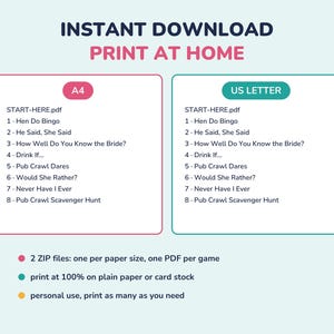 May include: A digital document listing eight bachelorette party games including Hen Do Bingo, He Said She Said, and Pub Crawl Scavenger Hunt. The text is organized into two columns labeled A4 and US Letter, with instructions for printing at home.
