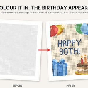 May include: A color-by-number activity sheet featuring a grid of numbered squares. The text reads: COLOUR IT IN. THE BIRTHDAY APPEARS. A hidden birthday message in thousands of numbered squares. The completed version displays the text HAPPY 90TH! with balloons, a gift, and a cake.