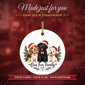 Dog Ornament 2026, Three Dogs in Santa Hats Christmas Ornament with Names, Dog Mom Gift, Dog Lover Gift, Multiple Pets Keepsake image 2