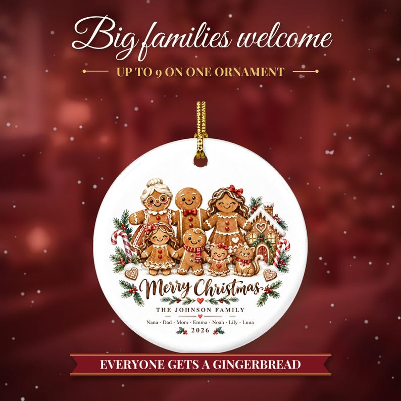 Gingerbread Family Ornament 2026, Personalized Christmas Ornament with Names and Pets, Custom Gingerbread Keepsake, Gift for Grandparents image 2