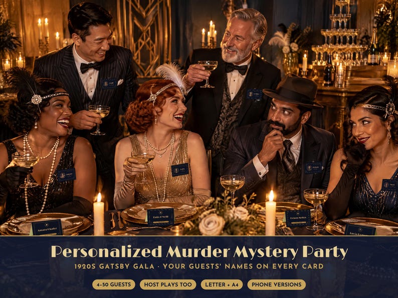 May include: A personalised murder mystery party kit for a 1920s Gatsby gala theme. The set includes name cards for guests, with options for 4-50 players, host participation, and both letter and A4 sizes, plus digital phone versions.