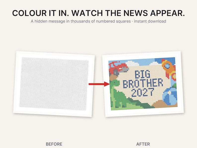 May include: A color-by-number activity sheet featuring the text COLOUR IT IN. WATCH THE NEWS APPEAR. The before image shows a blank grid, while the after image displays a colorful scene with a green dinosaur, red car, rocket, and BIG BROTHER 2027.