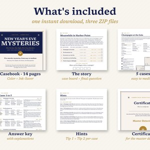 May include: A digital murder mystery game kit titled New Year's Eve Mysteries, including a 14-page casebook, a story board with a final question, five cases, an answer key with explanations, hint sheets, and a Master Detective certificate.
