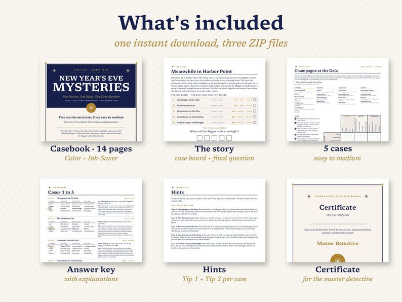May include: A digital murder mystery game kit titled New Year's Eve Mysteries, including a 14-page casebook, a story board with a final question, five cases, an answer key with explanations, hint sheets, and a Master Detective certificate.