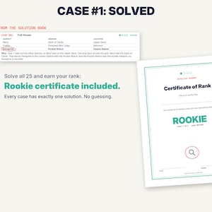 Pu&ograve; includere: Un documento bianco intitolato Certificate of Rank con la parola ROOKIE in grandi lettere verdi, accompagnato da un estratto del libro delle soluzioni etichettato CASE #1: SOLVED, che mostra una tabella con dati su sospettati, armi e luoghi.