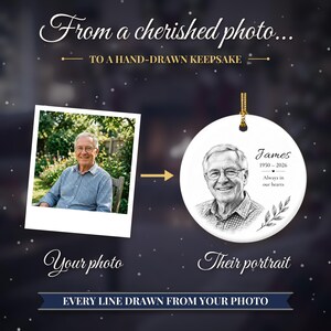 Double Sided Photo Memorial Christmas Ornament, Hand Drawn Portrait Sketch, In Loving Memory Keepsake, Loss of Loved One Gift image 3